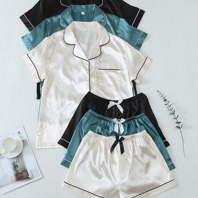 TEMU Sets Of Solid Color Satin Pajamas Featuring Short-sleeved Button-up Tops And Bow Shorts, Women's Loungewear At Home. Image