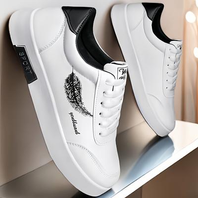 TEMU Men's Plus Size Korean-style Casual Sneakers - White Low-top Lace-up Skate Shoes With , Breathable Fabric Upper & Pvc Sole For , Casual Sneakers||durable Sole Sneakers Image