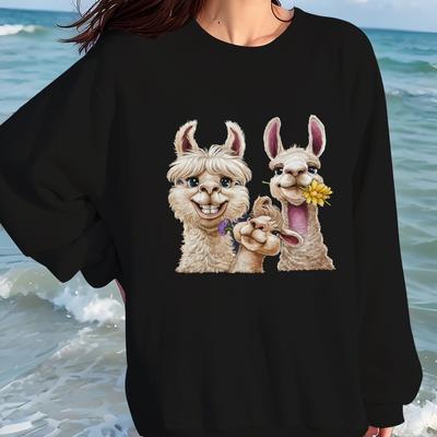 TEMU Women's Cozy Llama Cartoon Crew Neck Sweatshirt - Gray, Non-stretch, Soft Polyester, Casual Fall/winter Wear, Machine Washable Image