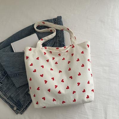 TEMU 1pc Women' Tote Bag With Red Heart Pattern - Durable Polyester Large Capacity Zipper Closure Shoulder Bag For Work, Travel, College, Daily Use, Large Tote Bag, Cute , Corduroy Texture Image