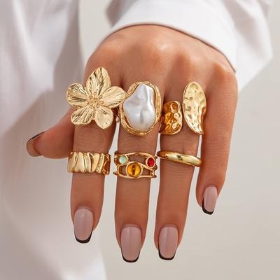 TEMU 6pcs Set Of Fashionable And Flower-set Rhinestone Rings, Metal Geometric Irregular Opening Ring Sets Suitable For Parties And Gifts For Image