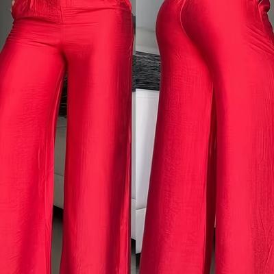 TEMU Women's High-waist Wide Leg Pants - Stretchy Polyester, Solid Color Red, , Loose Fit With Metallic Decorative Accents, Long Length, Casual Or Stylish Outfit Image