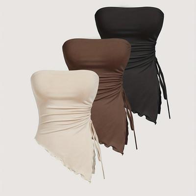 TEMU Women' Multi-piece Bandeau Tank Tops - Ruched Waist, Drawstring Detail, Solid Color, Casual & Elegant, Spring/summer, Casual Wear|ruched Waistline|drawstring Detail Image