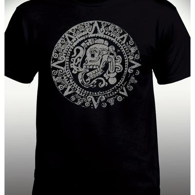 TEMU Men' Cotton T-shirt With Intricate Mayan Chichen Ballpoint Design – Short Sleeve, Crew Neck, Casual Graphic Tee For Casual Attire Image