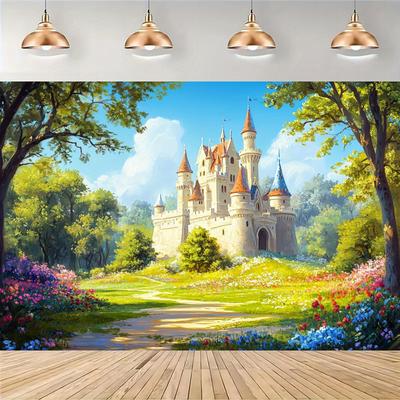 TEMU 1pc, Spring Fairytale Castle Backdrop Banner, 39×59in-70.8×90.5in, A Castle In A Beautiful . Party Background Decorations Birthday Wedding Banner, Table Supplies, Photo Booth Props Image