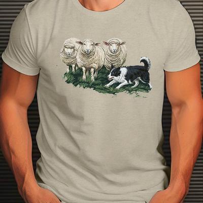 TEMU Men's Casual Short Sleeve T-shirt With Sheep And Print, Summer Polyester Tee Shirt Image