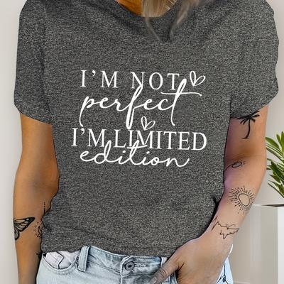 "TEMU Women's Casual Crew Neck T-shirt, " Perfect I'm Edition" Letter Print, Short Sleeve, Regular Fit, Spring/summer Collection, Breathable Polyester Fabric, Cute T Shirt" Image