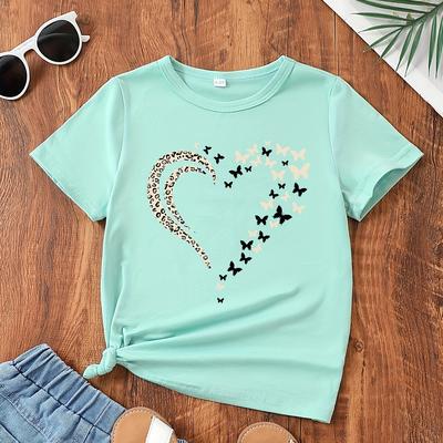 TEMU Girls Casual Heart Graphic Short Sleeve T-shirt, For Summer Image