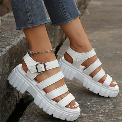 TEMU Women's Summer Fashion Solid Color Open Toe Sandals, Comfortable Non-slip Large Size Shoes With Closure, Platform Heel, Polyurethane Upper/inner/insole, Rubber Sole Image