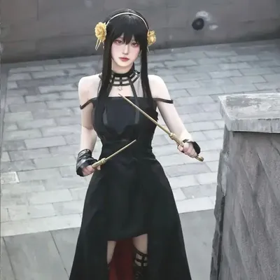 Spy X Family Yor Forger Cosplay Gothic Neckholder Schwarzes Kleid Lederstrümpfe Outfit Yor Ohrring Image