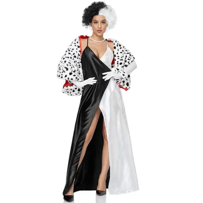 Halloween Cruella De Vil Cosplay Kostüm weiblich sexy Hosenträgerkleid Plüsch Cape Set Ballkostüm Image