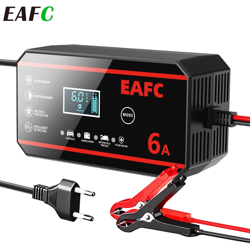 EAFC 12V 6A Autobatterieladegerät Ladung Motorradbatterien Ladepuls Reparatur für LiFePO4 AGM GEL WET Blei-Säure-LCD-Display Image