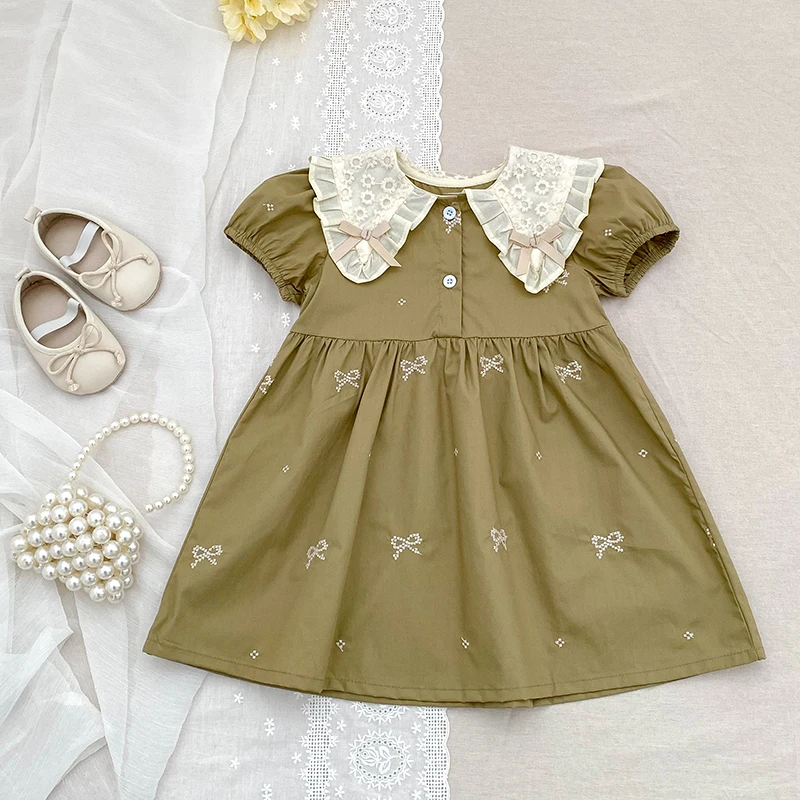 Sommer Süße Kinder Kleid 1-6Yrs Baby Mädchen Gestickte Bogen Prinzessin Kleid Baby Mädchen Spitze Puppe Kragen Kleid Kinder Kleidung Kleid Image