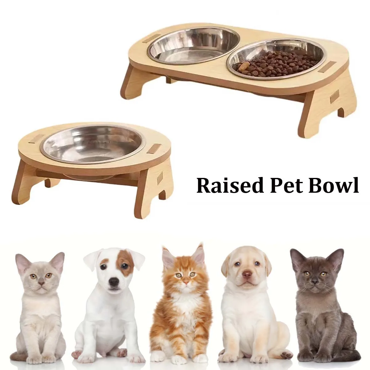 Erhöhter Futternapf mit Edelstahl-Haustiernapf, rutschfester Holzständer, einfache Montage, Haustierbedarf für kleine und mittelgroße Hunde und Katzen Image