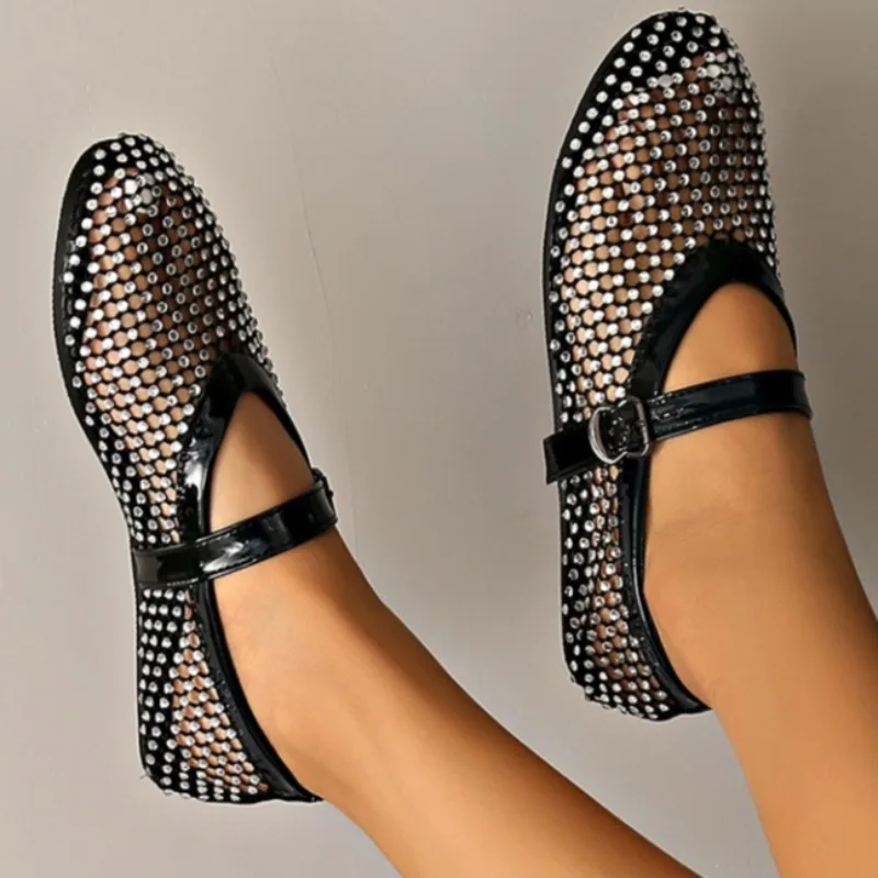 Mesh atmungsaktive Strass modische Damen flache Schuhe Sommer neue Ballettschnalle flache Mary Jane Schuhe Damenschuhe Größe 35-44
