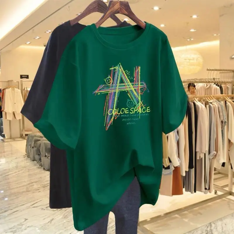 Women Clothing Hand-Painted Geometric Printing Basic T-shirt Summer Casual Oversized Pure Cotton Short Sleeve Top Tee 40Kg-105Kg