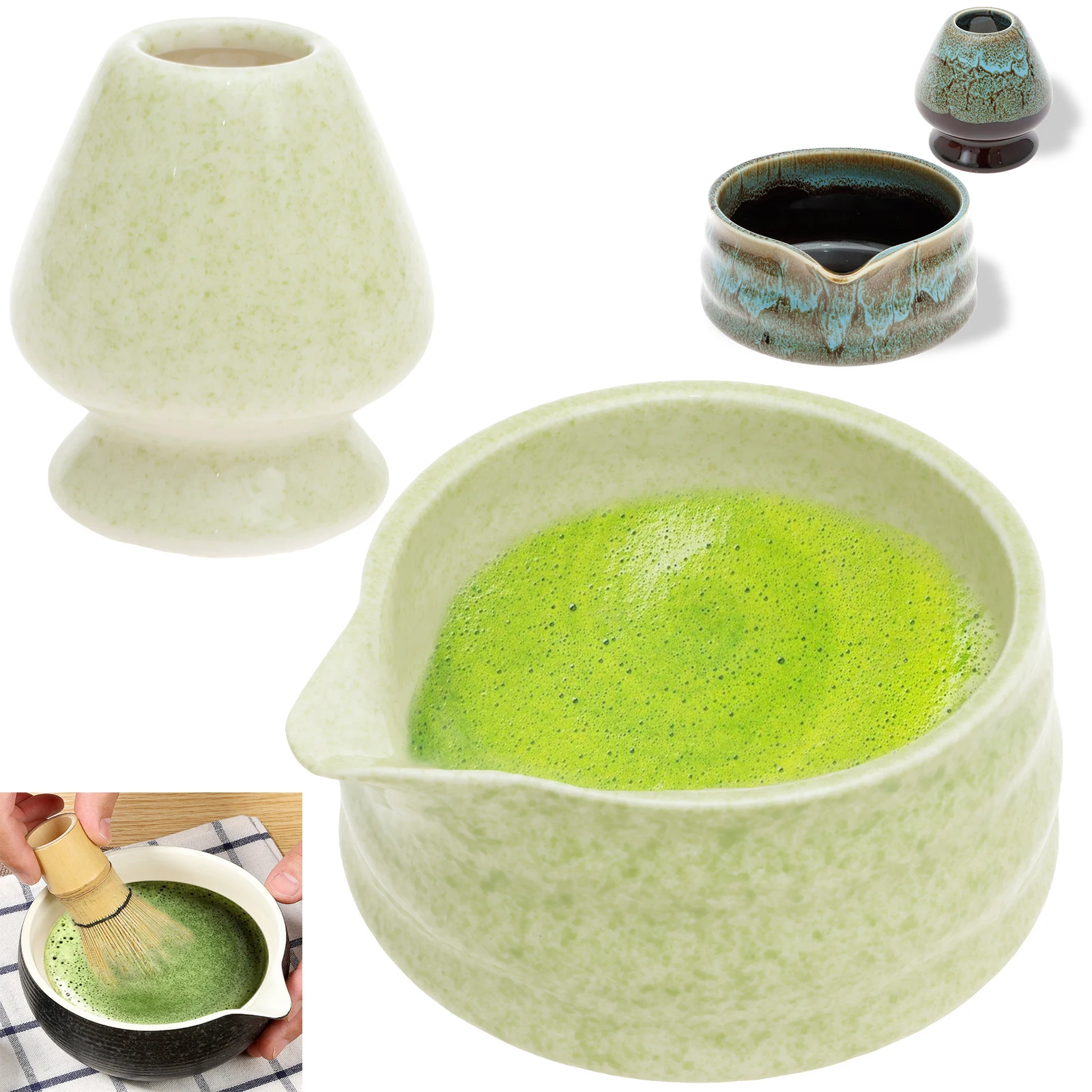 2Pcs Japanische Matcha Tee-Set Tee Keramik Matcha Schüssel und Schneebesen Set Rührschüssel Indoor Getränke Shop Tee-herstellung Werkzeuge Zubehör Image