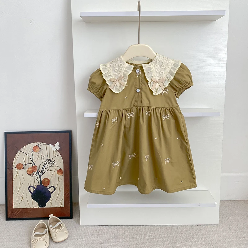 1-6Y Mädchen Bogen Prinzessin Kleider Neue Sommer Baby Kleid Puff Sleeve Stickerei Blütenblatt Kragen Kleinkinder Kinder Baumwolle Nette Party Kleid Image