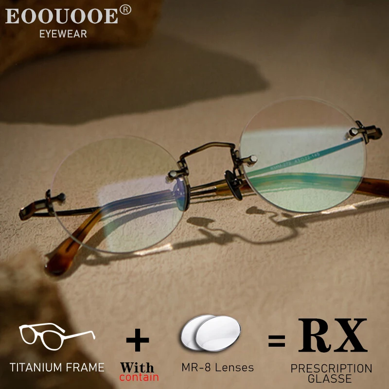 Männer Bronze Retro Vintage Brille Männer Reinem Titan Runde Randlose Optische Brillen Rezept Linsen Myopie Brillen Image