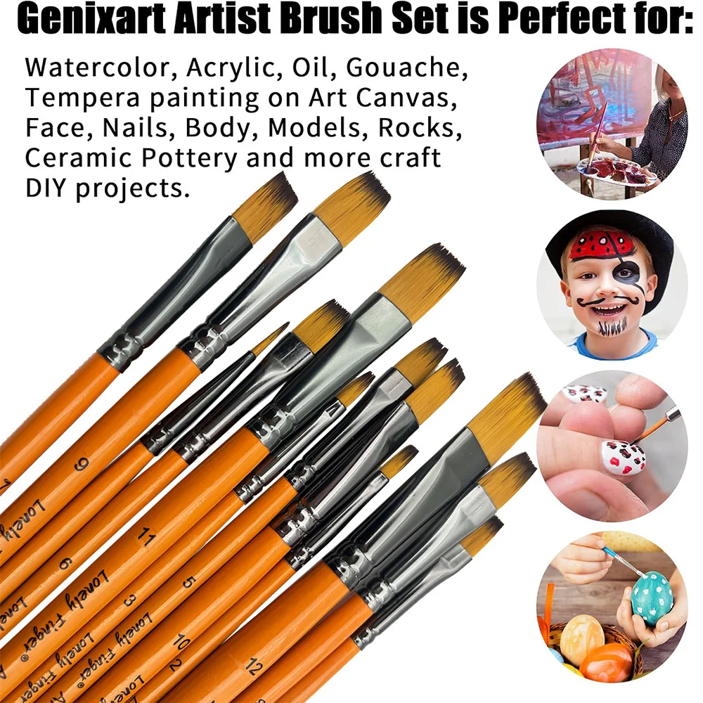 12-teilige Pinsel für Künstler, weiche, flache Nylonborsten, Malpinsel mit Holzgriff für Acryl, Öl, Aquarell, Gouache Image