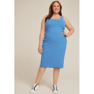 Maurices Plus Size Women's 24/7 Bare Striped Textured Midi Dress Blue Size 4X