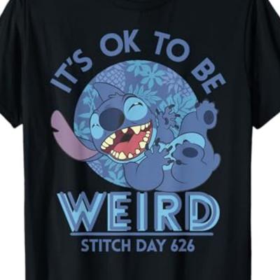 "TEMU Stitch " Ok To " Graphic T-shirt For Adults - 100% Cotton Casual Short Sleeve Tee With Tropical Leaf Design, Regular Fit Round Neck, Machine Washable Black Top, Shirt" Image