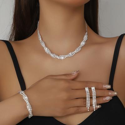TEMU Luxurious And Exquisite High-end Sparkling Rhinestone Twisted Necklace, Bracelet, And Earrings Set For Brides' Wedding Accessories. Image