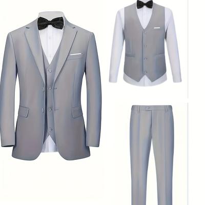 TEMU 1 Set Elegant Men's 3pcs Suit, Polyester Blazer With Vest And Pants, Long Sleeve Dress Shirt, Regular Fit, Solid Color, Non-stretch Fabric, With Button Detail, For Business, Wedding, And Party Image