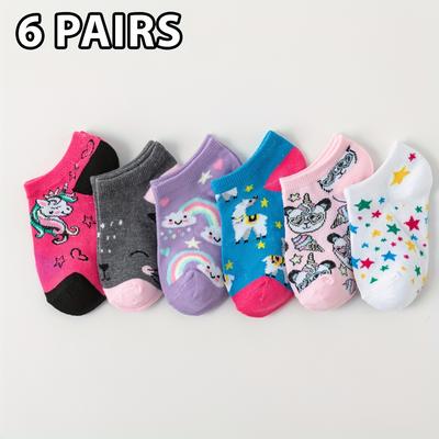 TEMU 6 Pairs Of Cute Cartoon Socks For Girls - Unicorn, Rainbow, Star & Cat Designs | Soft Polyester Blend, Breathable & Comfortable For Home & Play Image