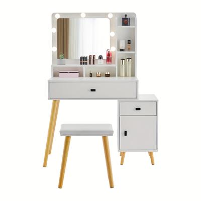 TEMU Clipop White Dressing Table, Vanity Makeup Desk With 2 Storage Drawer And Extendable Storage Cabinet, Cushioned Stool For Bedroom Living Room Image