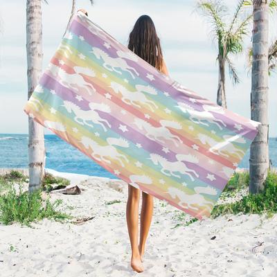 TEMU Microfiber Beach Towel With Rainbow Unicorn Print - Large, & Absorbent For Pool, Camping, Travel | Vintage Style Summer Bath Towel Image