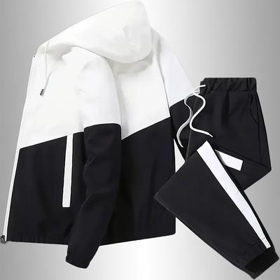 TEMU Men's Athletic Jacket And Pants Set - Polyester Splicing Hooded Sports Suit, Long Sleeve, Color , Suitable For Outdoor Hiking And Weekend Casual - Non-stretch Fabric, Regular Fit Image