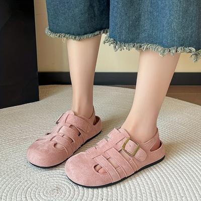 TEMU Women's Comfortable Non-slip Breathable Casual Shoes - Beige Fabric With Hook & Loop Closure, Open-toe Design, Rubber Sole, Wear Image