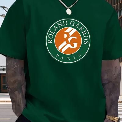 TEMU Men's Fashion Garros Paris Graphic T-shirt - Brown Twill, Crew Neck, Regular Fit, Summer Casual Tee With Logo Print, Breathable Polyester For Sports & Leisur Image