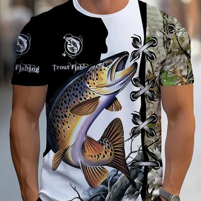 TEMU Men's 3d Fish Print T-shirt - Casual Crew Neck, Short Sleeve Tee For Summer, Casual Attire & Vacation Spots Image