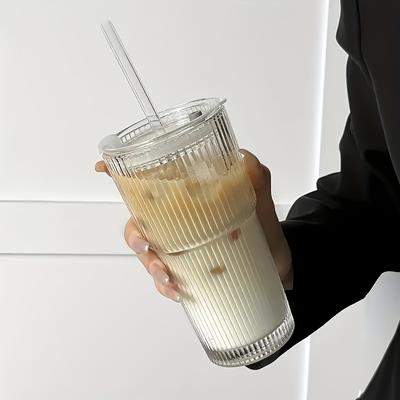 TEMU 20.28oz Glass Coffee Cup With Lid & Straw - Reusable, Durable, And Stylish For Home, Office, Or Travel - Iced Beverages Like Smoothies And Soda Image
