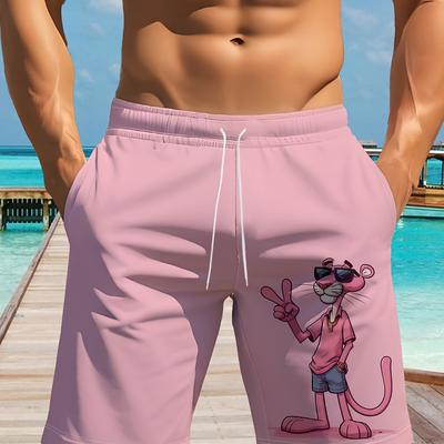 TEMU Men's Quick-dry Athletic Shorts With Elastic Drawstring Waist - Lightweight Polyester Running Shorts, Pink Geometric Animal Design For Gym, Jogging & Casual Wear, Machine Washable Image