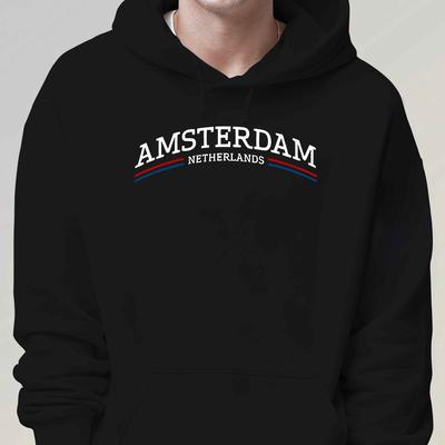 TEMU Amsterdam Netherlands Printed Hoodie For Men, Casual Long Sleeve Polyester Sweatshirt, Regular Fabric With Stretch, Winter , 200gsm - Youth Fashion Image