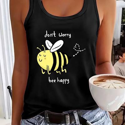 "TEMU Women's Sleeveless Casual Tank Top With Cute Bee Graphic & "don't Worry " Print - Soft Stretchy Fabric, Round Neck, Machine Washable For , Running, Gym, Vacation - Vibrant Red, Gym Attire, Wear" Image