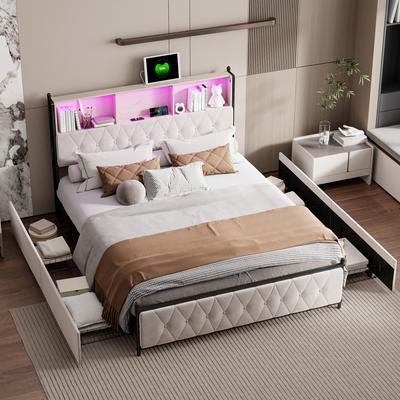 TEMU Ycz Lit 160x200 With Led Slats And 1 Usb, Type-c, Double Upholstered Bed With 4 Drawers And Storage Headboard For Adults And Velvet (without Mattress) (140 X 200 Cm) Image