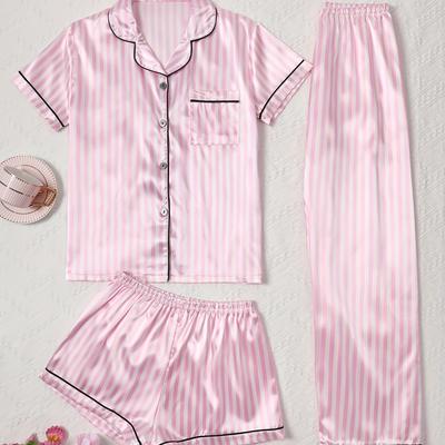 TEMU Casual Women's Pajamas And Home Clothes Colorful Striped Three-piece Set Image