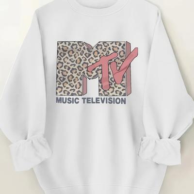 TEMU Women's Mtv Logo Leopard Print Crew Neck Sweatshirt - Polyester Casual Pullover, Long Sleeve Red Top For Fall & Spring Casual Attire, Apparel, Graphic Print, Durable Fabric Image