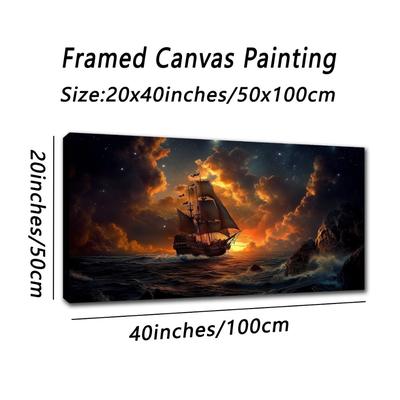 TEMU 1 Art Canvas With Frame, Sunset And Sea Ship, Suitable For Home Bathroom Bedroom Concert Hall Cafe Bakery Bar Office Decoration 20x40 Inches, 50x100cm, With Frame Image
