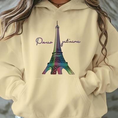 TEMU Plus Size Women's Graphic Print Sweatshirt - Vibrant Red Parisian-inspired Pullover With Pockets, 100% Polyester Casual Long Sleeve Round Neck Top For Autumn Winter Image