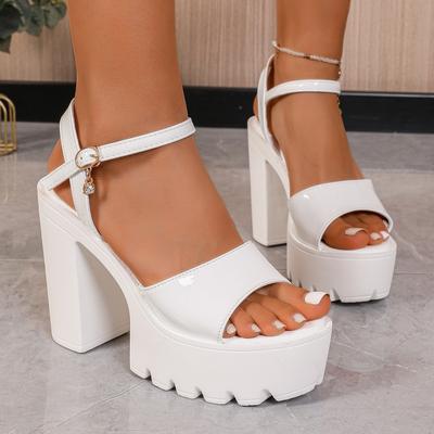 TEMU Women' Block Heel Sandals - Stylish Open Toe Platform High Heels With Ankle Strap Closure, Glossy Finish, And Thick Rubber Sole For Dressy Or Casual Outfits, High Heel Sandals Image