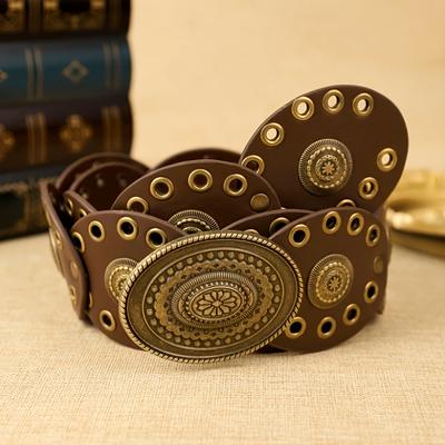 TEMU Luxury Bohemian Style Waist Accessory With Rivet Detailing, Oval Disc Carved , Alloy Fastener, And Decorative O-ring For Women - Ideal For Weddings, Parties, And Casual Attire Image