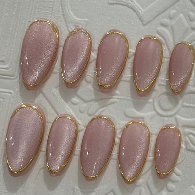 TEMU 10pcs Handmade Purple Cat-eye Glossy Press-on Nails - Almond Shape Medium Length False Nails With 3d & Metallic Golden Accents For Elegant Manicure Image