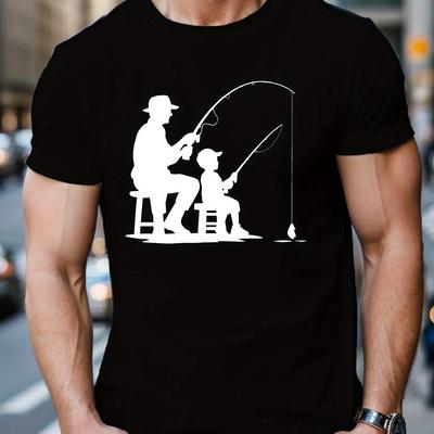 TEMU Men's Casual Crew Neck T-shirt With Geometric Fishing Graphic, 100% Polyester Knit Fabric, Stretch, Regular Fit, Summer Top - 150gsm Image