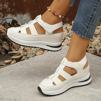 TEMU Women's Summer Sport Sandals - Comfortable Hollow-out Design, Versatile Casual Shoes With Hook-and-loop Fastener Strap, Round Toe, Flat Heel, Rubber Sole, Cover Upper & Lining, Casual Attire Image