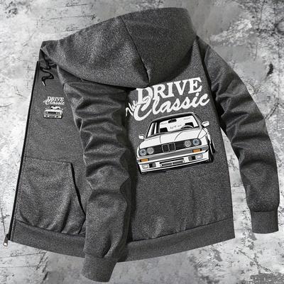 TEMU Men' Classic Vintage Car Graphic Hooded Jacket - Slim Fit Zip-up Autumn Winter Coat With Ribbed Cuffs & Pockets, Machine Washable Casual Outerwear, Casual Autumn Jacket | Hoodie | Textured Fabric Image